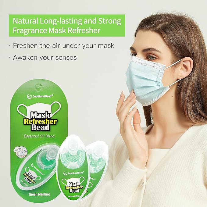 Menthol Beads for Face Mask Refresher, Long-Lasting & Strong Refreshing Fragrance, with Natural Essential Oils from Herbs and Plants (100 beads/pack), Pack of 2, Green Menthol