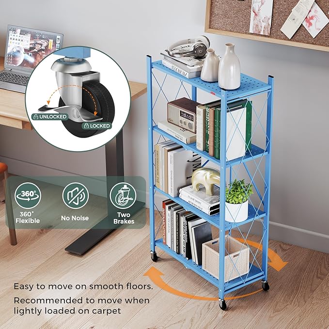 DEANIC 4 Tier Foldable Storage Shelves with Wheels, Large Capacity Shelving Unit, Freestanding Metal Wire Shelf Rack, No Assembly Organizer Rack for Garage Kitchen, Basement, Pantry(Blue Pack of 2)