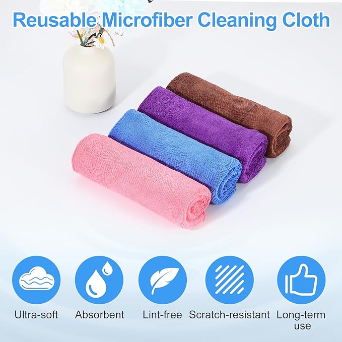 HARFINGTON 4 Pack Microfiber Cleaning Cloth, 28" x 12" Multi-Functional Cleaning Towels Reusable Absorbent Rags for Car Wash Kitchen Household Window Clean, Rose Red