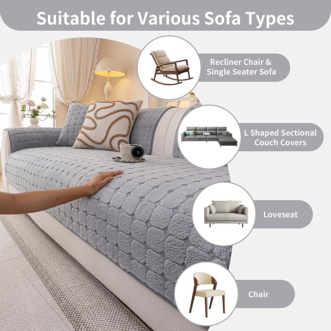 Velvet Sofa Covers Washable, Plush Warm Couch Cover for Sectional Sofa, Funny Fuzzy Couch Covers for Pets&Kids, Non-Slip Sectional Sofa Cover(1PC, Light Grey, 35.4"×94.5", Large Sectional)