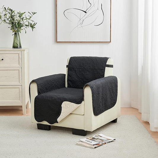 Great Bay Home Reversible Chair Cover - Washable Slipcover Furniture Protector with Elastic Straps - Furniture Cover for Dogs, Kids, and Pets - Quilted & Stitched Detail (Chair, Black/Taupe)