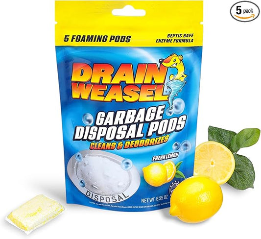 Garbage Disposal Pods Cleaner and Deodorizer, Sink Odor Eliminator with Foaming Action, Septic-Safe Enzyme Formula, Fresh Lemon Scent, Pack of 5