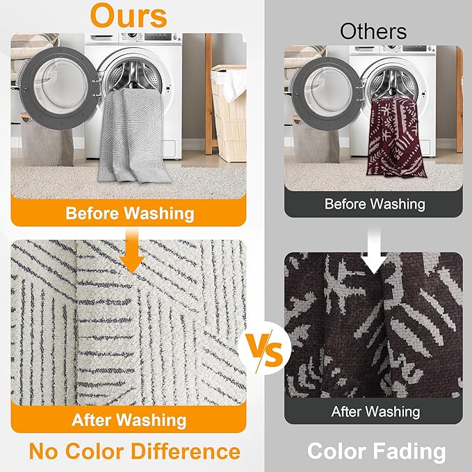 NICETOWN 8x10 White Area Rug for Bedroom, Jacquard Large Thin Washable Rug for Living Room Non-Slip Door Mat, Ultra Soft for Bedroom Living Room Kitchen Home Office, White and Grey