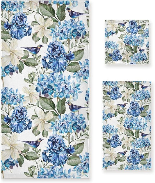 Blue White Floral Bath Towels Set,Absorbent Soft 3 Piece Spring Birds Hydrangea Hibiscus Flower Towels for Bathroom,1 Bath Towel 1 Hand Towel 1 Washcloth,Quick Dry Decoractive Bathroom Towels