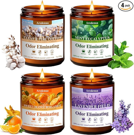 4 Pack Odor Eliminating Candles Set - Eliminates 95% of Pet, Smoke, Food & Other Smells - Hand Poured Non-Toxic Soy Candle, Air Freshing Scent of Lavender/Orange/Mint/Cotton - Gifts Set for Women