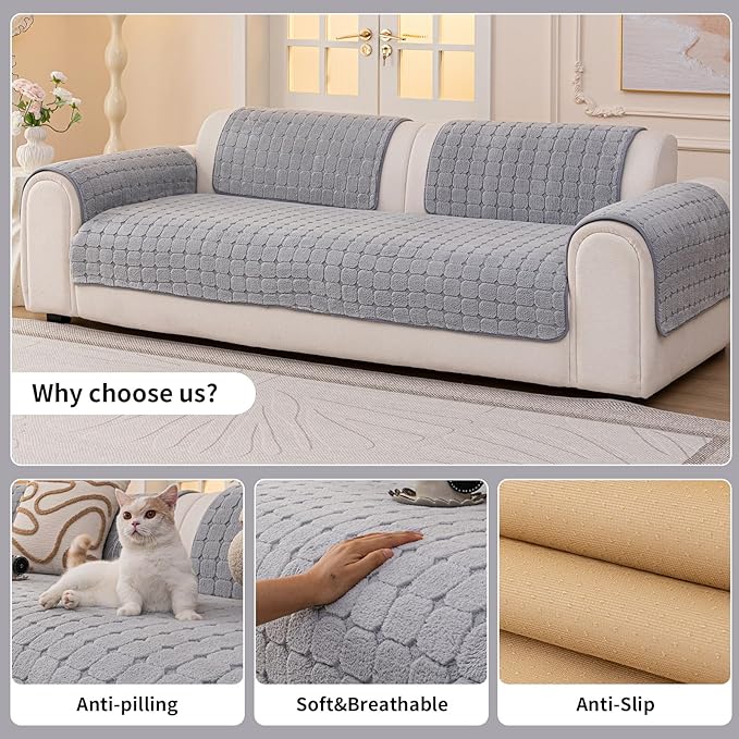 Velvet Sofa Covers Washable, Plush Warm Couch Cover for Sectional Sofa, Funny Fuzzy Couch Covers for Pets&Kids, Non-Slip Sectional Sofa Cover(1PC, Light Grey, 35.4"×94.5", Large Sectional)