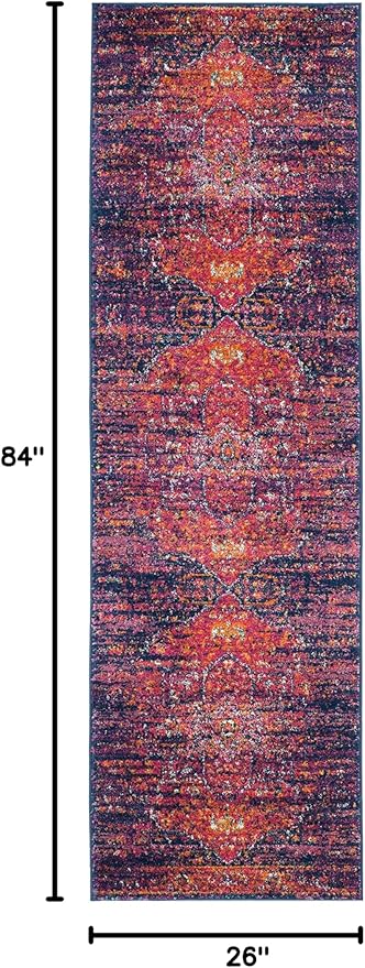 SAFAVIEH Evoke Collection 2'2" x 7' Blue / Fuchsia EVK275F Oriental Medallion Distressed Non-Shedding Living Room Entryway Foyer Hallway Bedroom Runner Rug