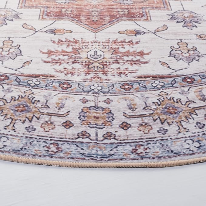 SAFAVIEH Washable Rug Tucson Collection - 6' Round, Ivory & Rust, Slip Resistant & Easy to Clean, Ideal for Living Room, Bedroom, Dining Space (TSN109A)