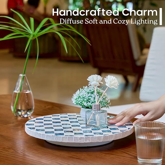 12" Checkered Lazy Susan for Tabletop, Handcrafted Mother of Pearl Turntable Organizer for Kitchen Counter, Coffee Table, Bathroom, Dining or Organizing (Navy Blue)