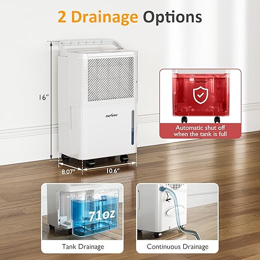 25 Pint Dehumidifier with Drain Hose: for Whole Home & Large Rooms up to 1500 Sq.Ft, 71OZ Tank, Auto Shut Off, 24H Timer, Ideal for Basement, Bedroom, Garage, RV, White