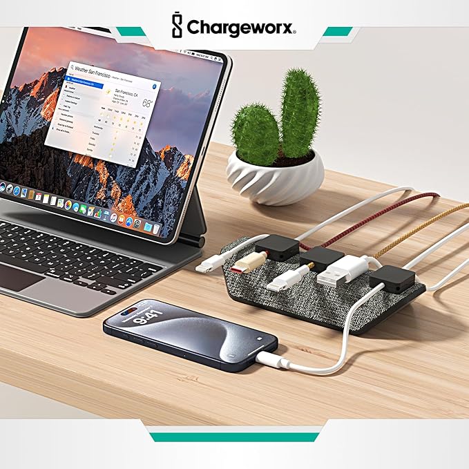 CHARGEWORX Magnetic Cable Organizer – Weighted Non-Adhesive Cord Holder with 3 Magnetic Clips for USB-C, Lightning & MagSafe Cables – Desk, Office & Nightstand Cable Management