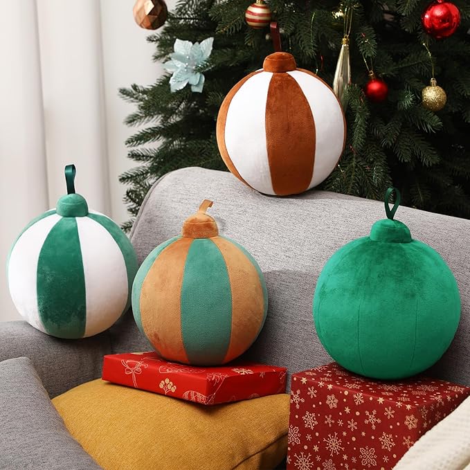 2 Pcs Christmas Pillows 7 Inch Round Christmas Ornament Shaped Throw Pillow Cute 3D Ball Xmas Throw Cushion Decoration for Bed Couch Sofa Chair Living Room(Dark Green, Brown and Beige)