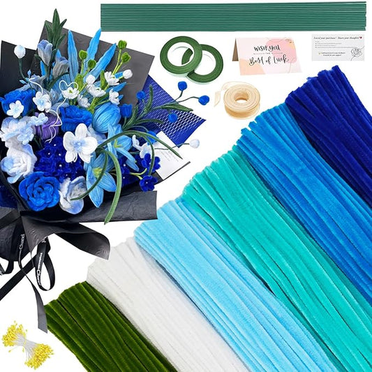 AHAMETON 620 Pcs Blue Pipe Cleaners Bulk,6 Colored Pipe Cleaners Craft,Chenille Stems for DIY Flower Bouquet Kit with Floral Wire,Creative Gift Eternal Flowers Supplies for Party Decorations