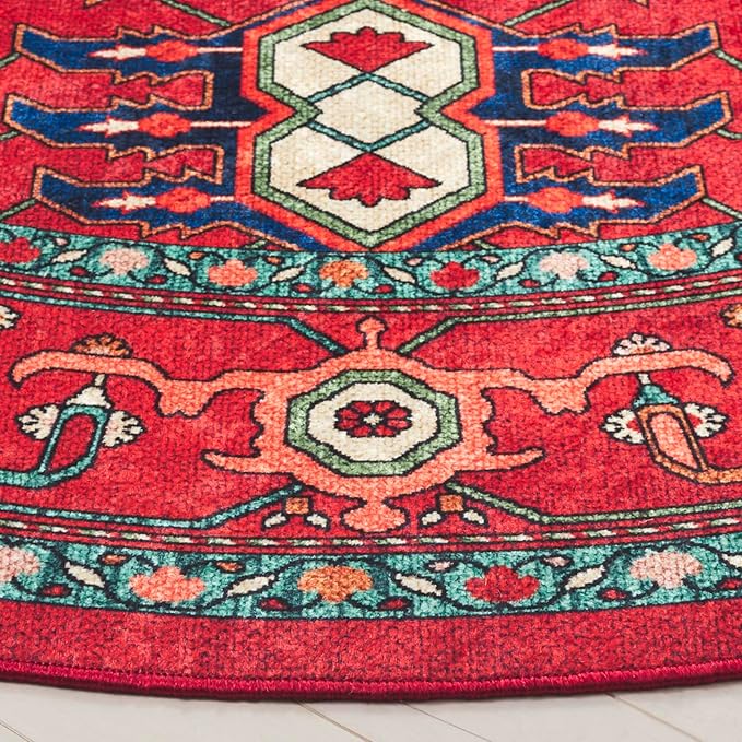 SAFAVIEH Washable Rug Orlando Collection - 6'7" Round, Red & Beige, Non-Shedding & Easy to Clean, Ideal for Living Room, Bedroom, Dining Space (ORL758Q)