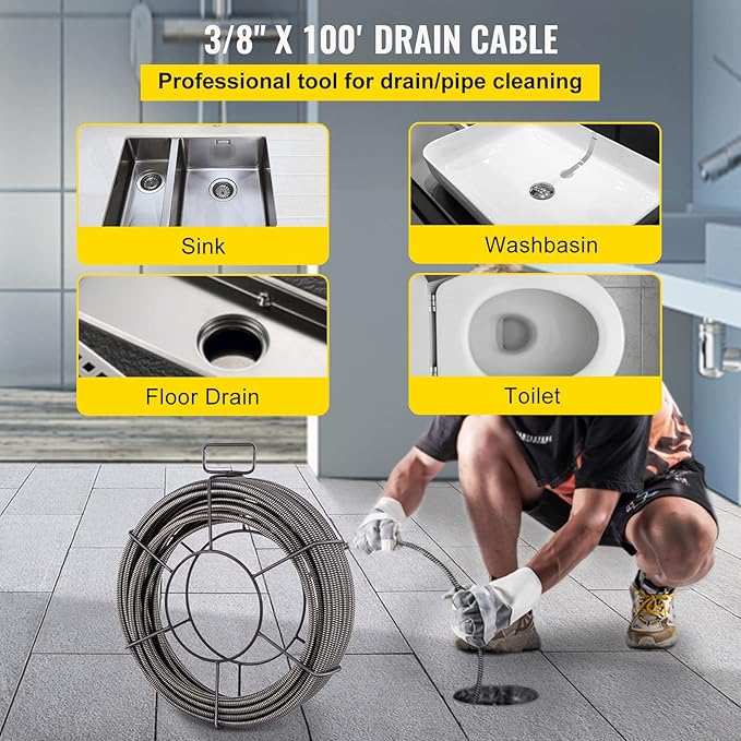 VEVOR Drain Cleaning Cable 100 FT x 3/8 Inch, Solid Core Steel Sewer Cable with 4 Cutter for 2" to 4" Pipes, Sewer Auger Cleaner Cable for Sink, Floor Drain, Toilet