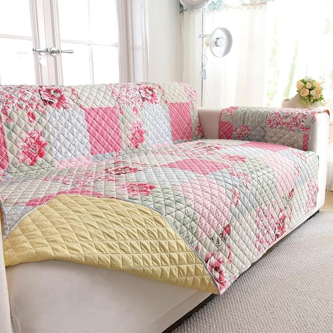 Cmfshape Skidproof Sofa Cover-Patchwork Sofa Slipcover with Elastic Straps-Easy Fit Slip Cover-Rose Washable Furniture Protector for Pets and Kids(Sofa,Pink&Grey)