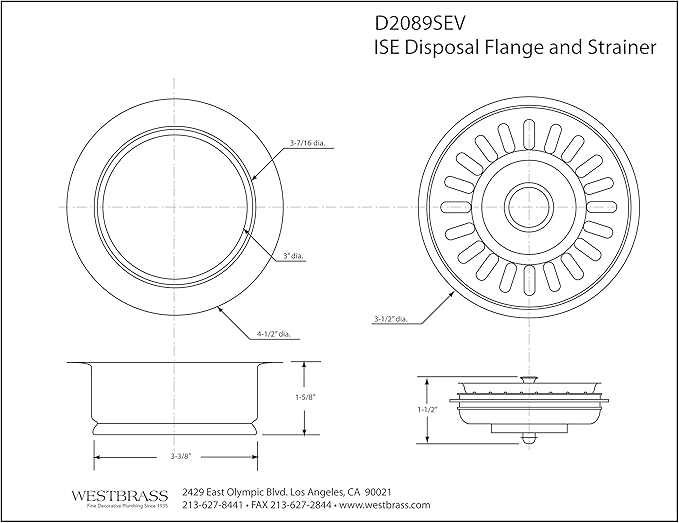 Westbrass A2089SEV-20 3-1/2" Kitchen Sink Waste Disposal Drain Flange and Basket Strainer, Stainless Steel