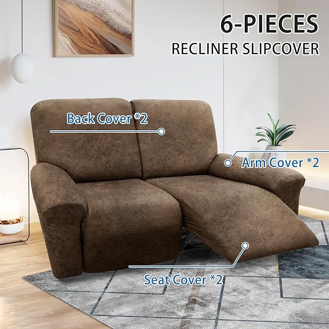 Loveseat Recliner Cover 6-Piece Set - 2 Seater Leather Look Slipcover with Pocket - Spandex Furniture Cover (Recliner Loveseat, Light Brown)