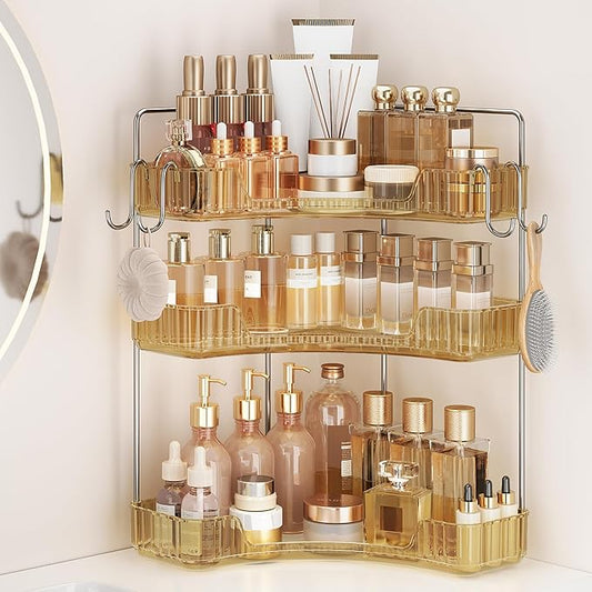 Golden 3-Tier Corner Bathroom Organizer, Countertop Storage Shelf with Hooks | Makeup & Skincare Organizer for Bathroom Sink and Vanity Counter