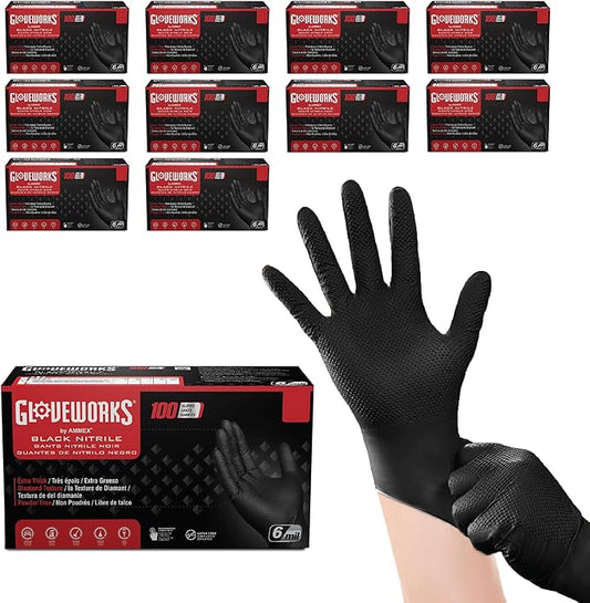 GLOVEWORKS Green Nitrile Gloves 8 Mil Disposable Heavy Duty Raised Diamond Texture Latex Free Industrial Mechanic Glove