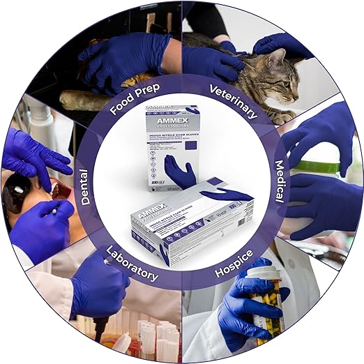 AMMEX Indigo Nitrile Disposable Exam Gloves, 3 Mil, Latex/Powder Free, Food-Safe, Textured, Non-Sterile, X-Large, Box of 100