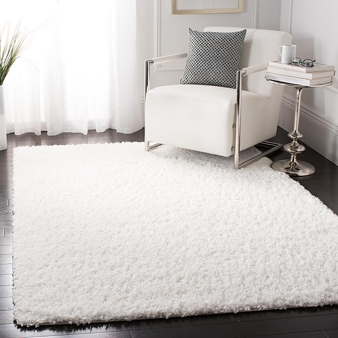 SAFAVIEH August Shag Collection Area Rug - 6'7" x 9', White, Solid Design, Non-Shedding & Easy Care, 1.5-inch Thick Ideal for High Traffic Areas in Living Room, Bedroom (AUG200A)