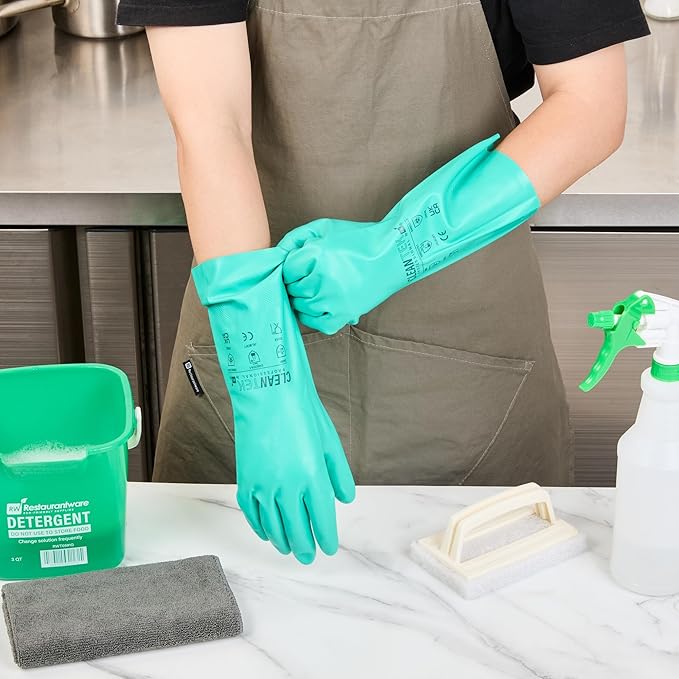 Restaurantware-Clean Tek Professional 15 Mil Small Cleaning Gloves, 1 Pair Of Long Cuff Gloves - Flock Lining, No-Powder, Green Nitrile Chemical Tolerant Gloves, No-Latex, Heavy-Duty Tasks