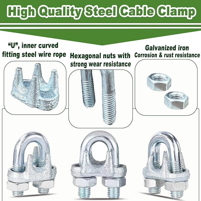 30PCS 1/4" Galvanized Zinc-Plated Wire Rope Cable Clamp Clips, M6 Wire Cable Clampswith U-Bolt Saddle Fasteners for Secure Rigging & Marine Use