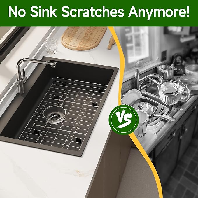 Stainless Steel Sink Protector 26-1/8" x 14-1/8" with Rear Drain, Metal Sink Rack for Bottom of Sink, Kitchen Sink Grate and Sink Protectors with Sink Strainer (26-1/8" x 14-1/8" - Rear Drain)