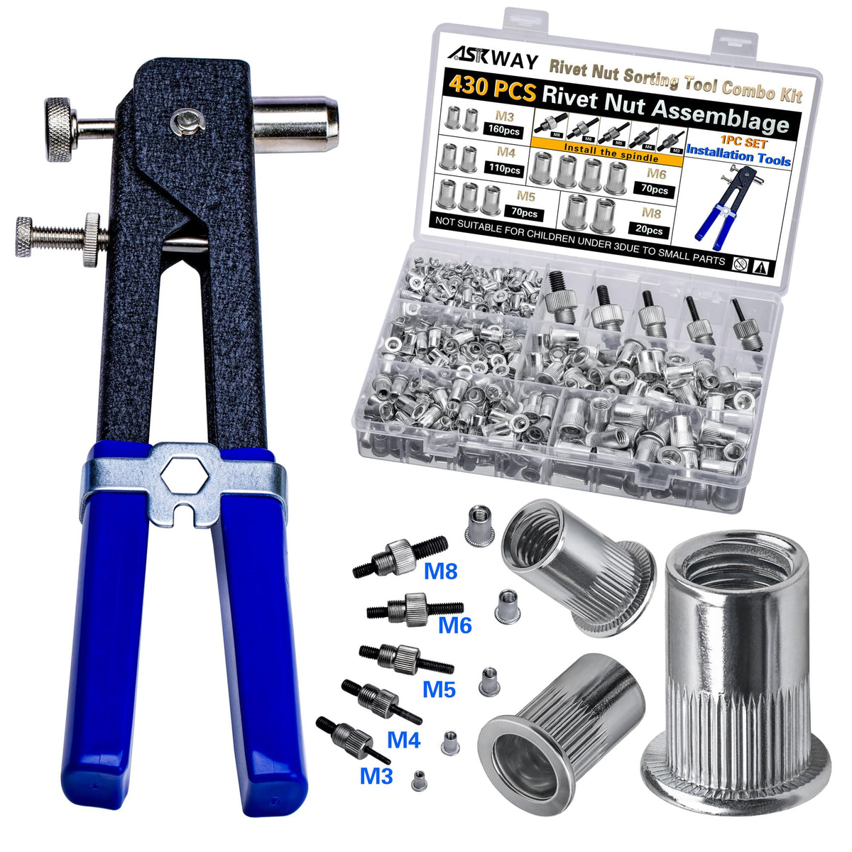 Pressure Rivet Nut Tool Kit, 430Pcs Aluminum Rivet Nut - Image 1