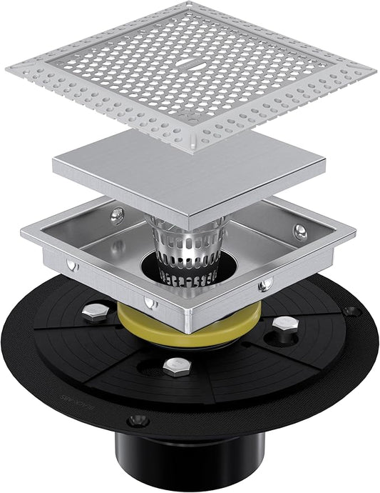 4 Inch Brushed Nickel Square Shower Drain Kit with Flange,Modern Floor Drain with 2-in-1 Cover Tiled Insert Grate,Stainless Steel SUS 304