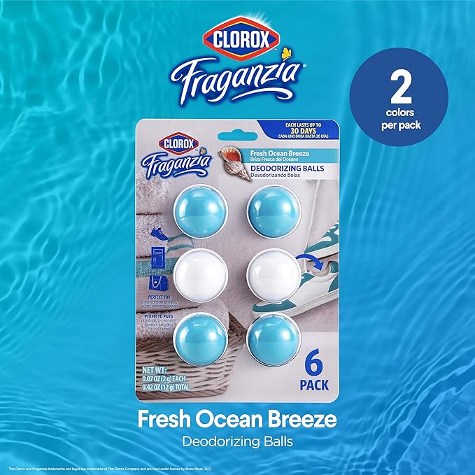 Clorox Fraganzia Deodorizing Balls for Shoes & Small Spaces, Battery-Free No-Plug Air Freshener Pods, Twist-to-Activate Odor Refresher for Gym Bags, Lockers & Drawers, Fresh Ocean Breeze, 6 Ct - 12 Pk