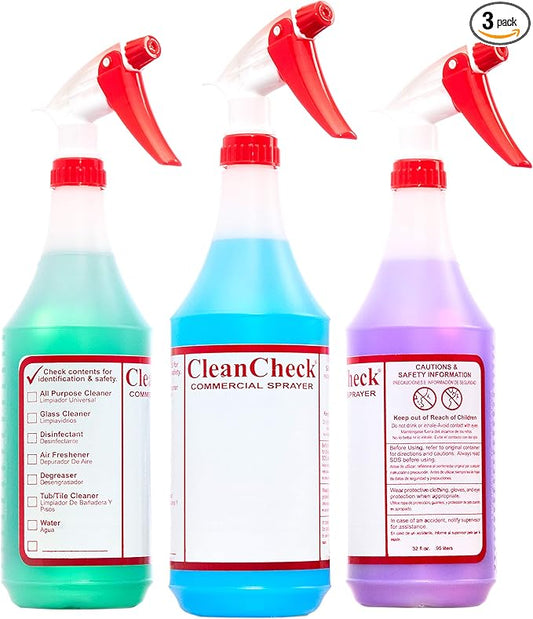 Extra Safe, Bilingual MSDS Spray Bottles 3 Pack. Large, Empty 32 Oz Bottle Perfect for Professional Cleaning Solutions, Sanitizers or Household Cleaners. Best Heavy Duty Plastic Bottle With Data Sheet