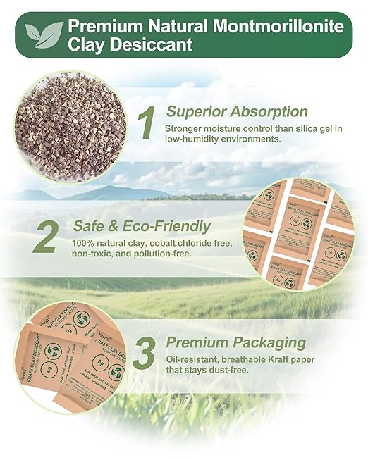6 Gram (50 Pack) Kraft Clay Desiccants Packs, Premium Food Grade Desiccant - Rechargeable Moisture Absorbers for Food Storage, Electronics, 3D Filament & Safes