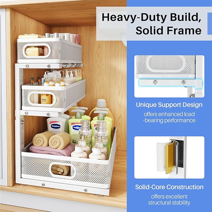 HERJOY Under Sink Organizer, 1-Pack 3-Tier Height Adjustable Thickened Metal Pull out Cabinet Organizer Shelf, Slide out Storage Drawer Rack for Bathroom Kitchen Pantry Home Laundry Organization