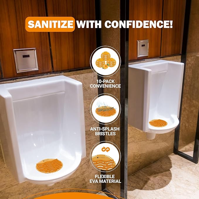 Urinal Screens Deodorizer -10 Pack of Premium Urinal Screen Cakes with Lemon & Orange Essential Oil Scents - Fits Wet & Dry Urinals - Splash Reducing Mats with Long Lasting Odor Freshener (Orange)