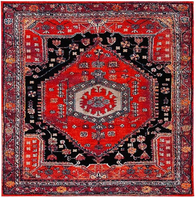 SAFAVIEH Vintage Hamadan Collection Area Rug - 6'7" x 9', Red & Black, Transitional Design, Stain Resistant, Ideal for High Traffic Areas in Living Room, Bedroom & Dining Room (VTH204Q-6)