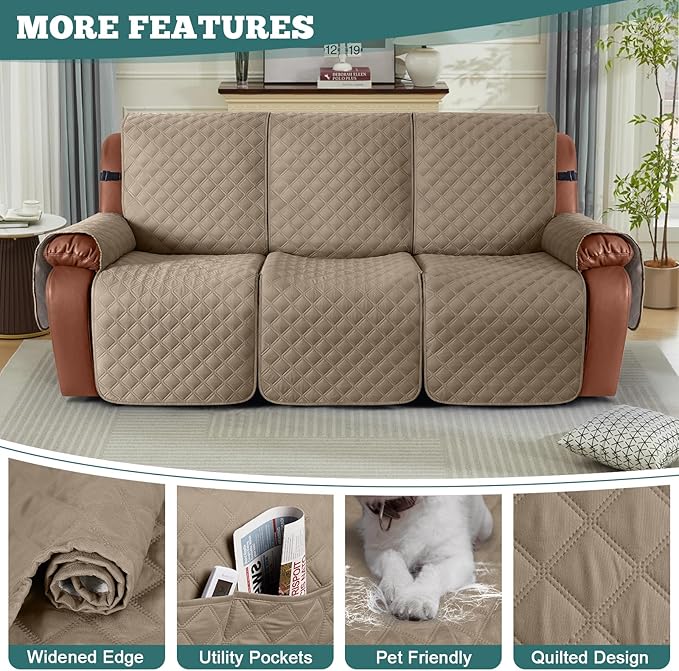 Ruaozz Waterproof Recliner Couch Covers 1-Piece Sofa Covers Washable Recliner Covers Non-Slip Furniture Protector with Elastic Straps Pocket for Kids Pets (Khaki, 3 Seater)