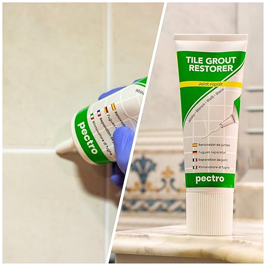 PECTRO Tile Grout Repair Paste, White, 14.1 oz (400 g) Squeeze Tube with Adjustable Spatula - Fast Drying, Odorless Filler for Grout Lines, Cracks & Gaps (Bathroom, Kitchen, Floor Tile) (KIT X 1)