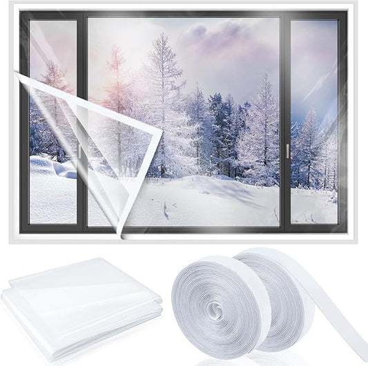 47 Inch x 10 ft Window Insulation Kit Cuttable Transparent Film with Adhesive Straps Reusable Window Plastic for Winterizing Thicken Thermal Waterproof Attic Insulation Cover Warm Winter