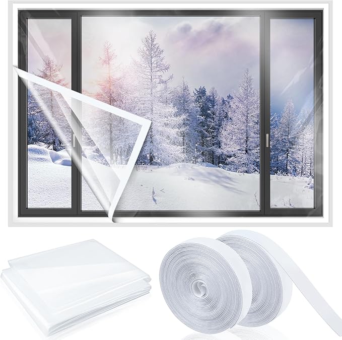 87 Inch X 30 ft Window Insulation Kit Cuttable Transparent Film with Adhesive Straps Reusable Window Plastic for Winterizing Thicken Thermal Waterproof Attic Insulation Cover Warm Winter