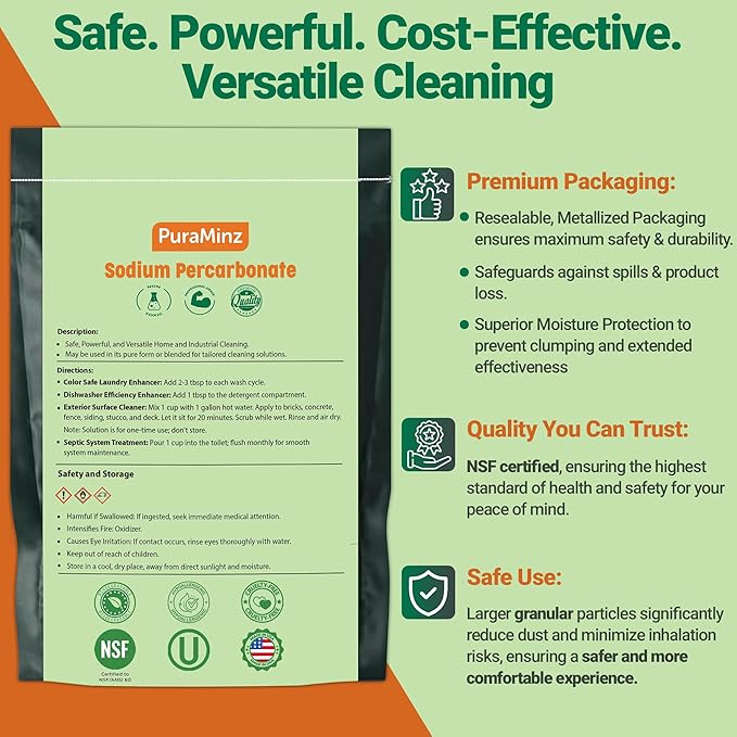 Sodium Percarbonate - 2 Pounds - Pure Oxygen Bleach Powder. Color Safe Stain & Grime Remover, Multi-Use Cleaner for Home & Laundry - Packed in Durable Resealable Packaging.