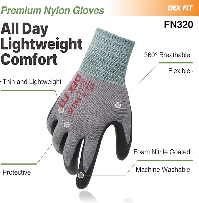 DEX FIT Nylon Work Gloves FN320, 3D Comfort Fit, Power Grip, Lightweight & Breathable, Touchscreen, Gardening, Yard Work, Warehouse, Delivery Driver Gloves; Grey 8 (M) 3 Pairs