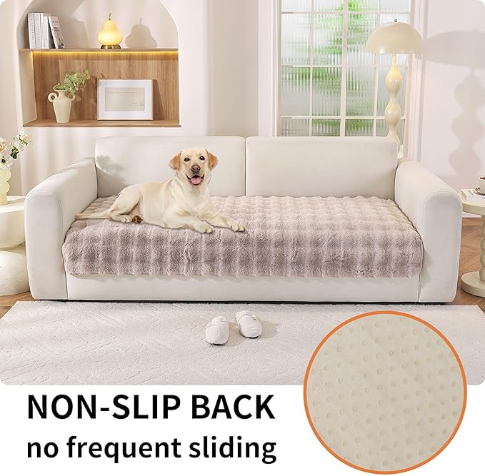 Waterproof Dog Bed Cover Non Slip Couch Covers for Dogs Washable Soft Faux Fur Sofa Cover Couch Covers for 2 Cushion Couch Sofa Pet Friendly (Khaki)