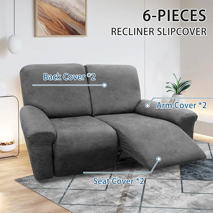 Loveseat Cover 6-Piece Recliner Slipcovers with Pockets - Spandex Furniture Covers for Reclining Loveseat (Grey)
