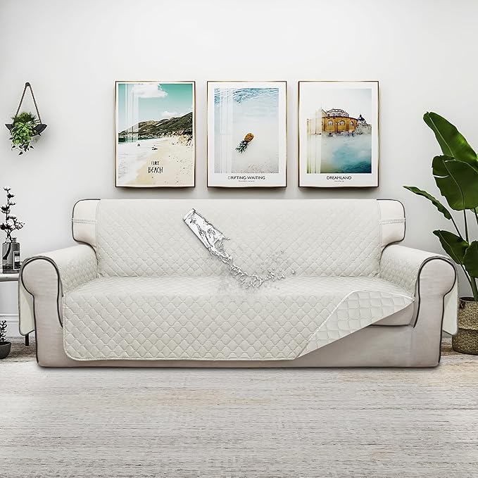 ISSUNTEX Double Protection 100% Waterproof Sofa Covers for Living Room, Reversible Couch Covers for 3 Cushion Couch Sofa, Furniture Protector Sofa Cover for Pets (X Large, Ivory/Ivory)