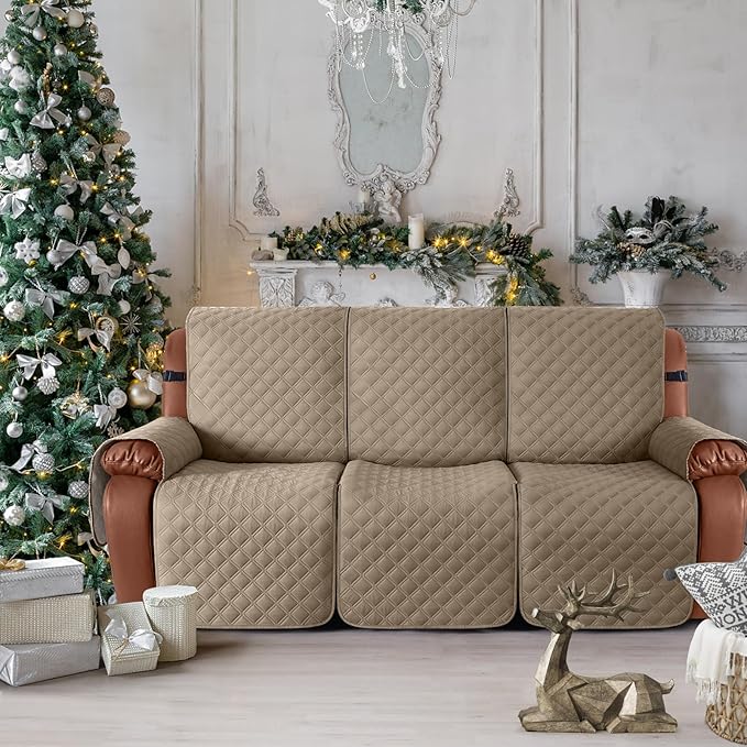 Ruaozz Waterproof Recliner Couch Covers 1-Piece Sofa Covers Washable Recliner Covers Non-Slip Furniture Protector with Elastic Straps Pocket for Kids Pets (Khaki, 3 Seater)