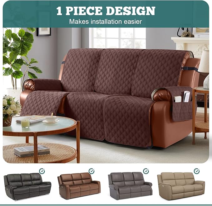 Ruaozz Waterproof Recliner Sofa Covers, 1-Piece Couch Covers for Reclining Couches Reclining Couch Cover Washable Furniture Protector with Elastic Straps Pocket for Kids Pets (Coffee, 3 Seater)