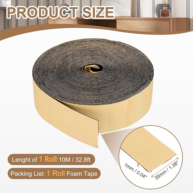 PATIKIL Foam Insulation Tape, 1-3/8" W x 1/16" t x 32.8FT Self Adhesive Weather Stripping Door Seal Strip for Door Window Air Conditioning, Black