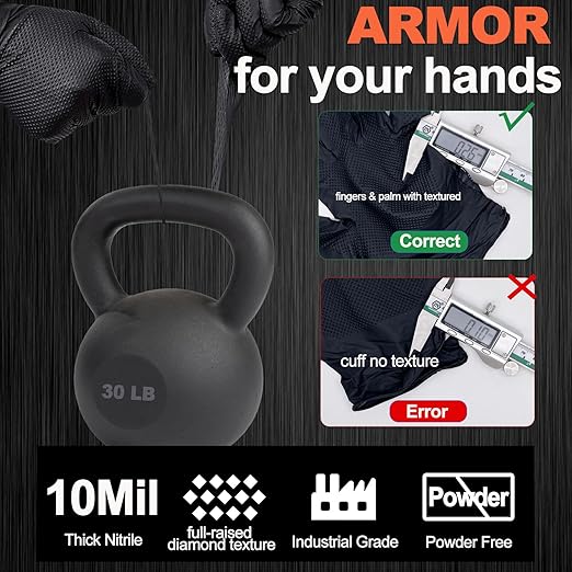 10mil Heavy Duty Nitrile Gloves,Black Disposable Rubber Gloves with Diamond Grip Anti Chemical Puncture Resistant Mechanics Guantes for Men/Auto repair/Cooking/Food Grade-Latex Free-Medium 100